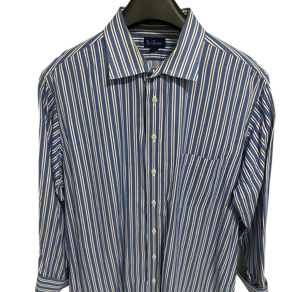 Paul Fredrick Button Up Long Sleeve Stiped Shirt Mens Size XXL 18-34 Cotton Blue